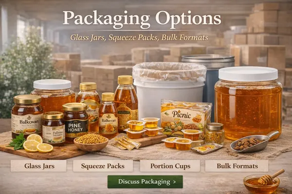 Honey packaging options including jars, squeeze packs, portion cups, and bulk formats